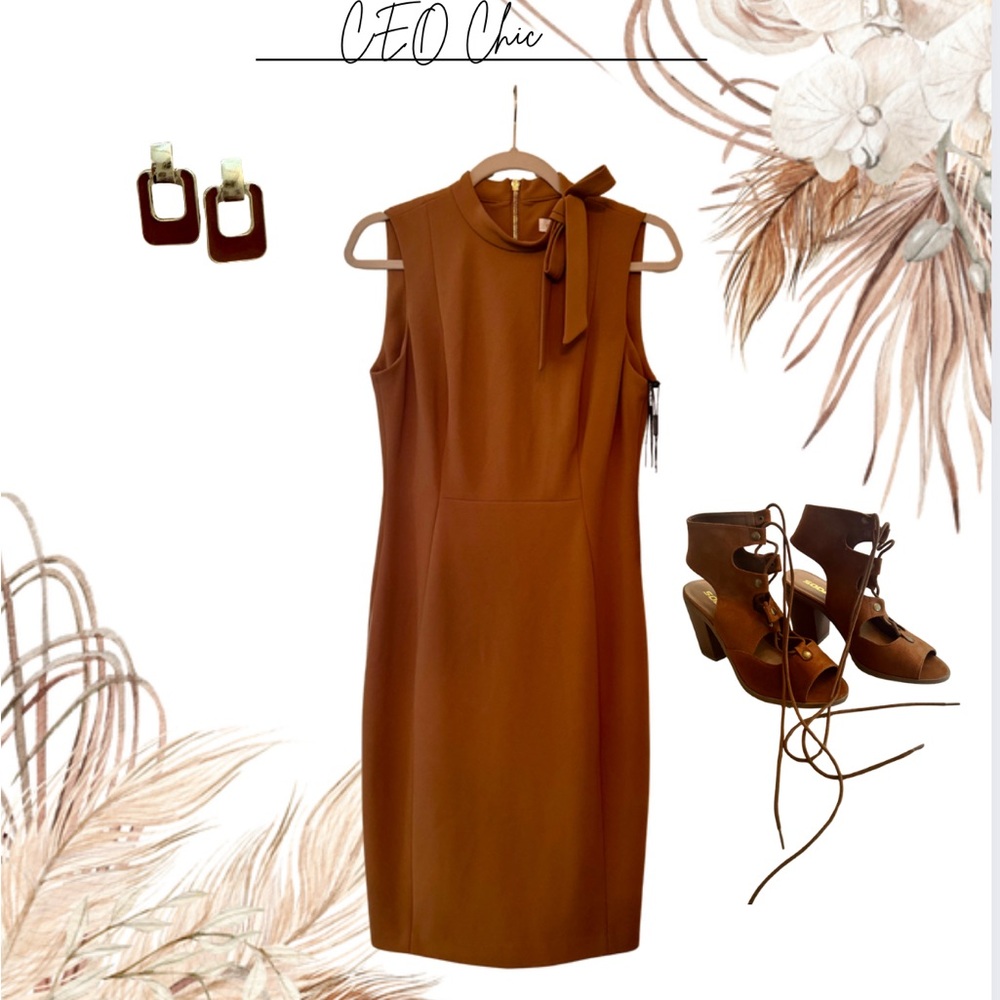 Calvin Klein Brown Sheath Midi Dress Halter Neck